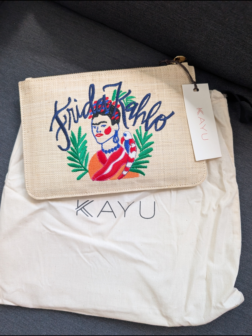 Beige Frida Kahlo Embroidered Canvas Clutch